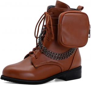Женские модные ботильоны VOKLIN с металлической цепочкой в западном стиле, круглым носком, шнуровкой, на плоском низком каблуке, короткие боевые ботинки, Brown