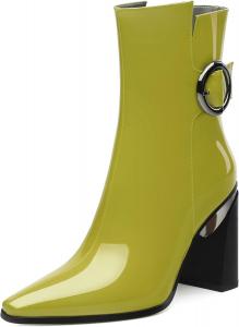 Женские ботильоны, лаковые с заостренным носком, боковой молнией и высоким каблуком, короткие ботинки, женские ботинки на массивном каблуке, удобные ботинки 3,5 дюйма Heisnemca, Yellow Green Patent