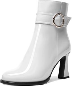 Женские ботильоны AMBELIGHT с круглым носком, для вечеринок, модные, лакированные, однотонные, с молнией, на высоком каблуке 3,3 дюйма, White