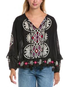 Johnny Was Madelyn Блузка из смесового шелка с рюшами, коричневый