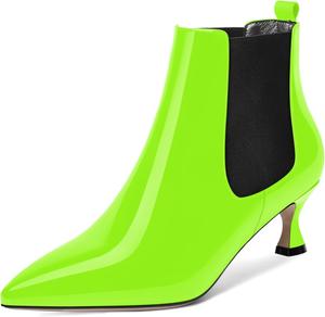 Женские офисные ботильоны WAYDERNS с острым носком, милой резинкой, лакированной поверхностью, низким каблуком-китен 2 дюйма, Black Lime Green
