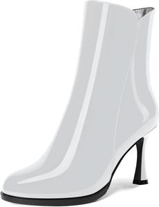 Женские ботильоны на высоком каблуке 3,3 дюйма с круглым носком, молнией и лакированной кожей, свадебное платье DEMOSHINE, White