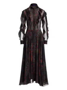 Миди-платье с оборками и цветочным принтом Ralph Lauren Collection, черный
