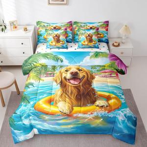 Erosebridal Комплект постельного белья Cute Dog Golden Retriever с морским принтом и пальмовыми листьями для взрослых и подростков, Gloden Blue