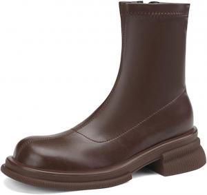 Женские модные западные ботильоны на плоской подошве с боковой молнией, круглым носком, удобным низким каблуком, короткие черевики Челси JOEUSTY, Brown