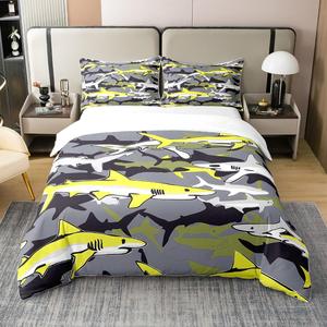 Erosebridal Хлопковый комплект постельного белья Sharks с морским принтом для детей, желто-серый, Yellow Grey