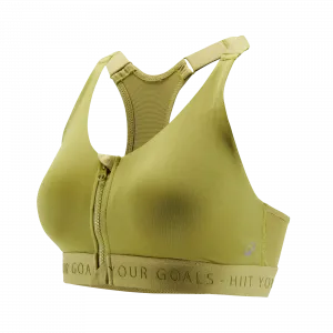 Женское спортивное бра высокой поддержки с передней застёжкой-молнией Decathlon - золотисто-зелёный