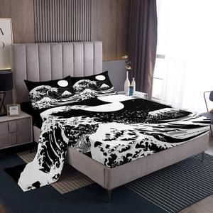 Erosebridal Комплект постельного белья Moon Sheet Set King с 3D принтом в японском стиле, морская тематика, бело-черный, микрофибра, Color 09
