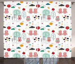 Штора ABAKUHAUS в деревенском стиле для детского сада, розовые поросята в мультяшном стиле, универсальная тесьма для гостиной с петлями и крючками, 280 x 225 см, разноцветная Abakuhaus