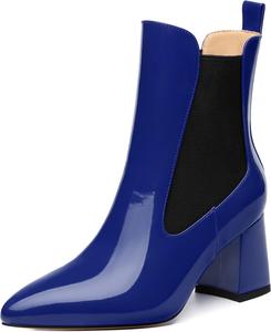 Женские ботильоны с высоким массивным каблуком, заостренным носком, из лакированной кожи, элегантные классические модные короткие ботинки на осень-зиму, каблук 2,5 дюйма DEMOSHINE, Royal Blue