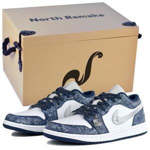 Jordan Эйр 1 NR Gift Low Top Винтажные баскетбольные кроссовки мужские сине-белые - Ледяной Цветочный Синий Дождь-Подарочная Коробка Премиум 2