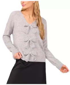 Женский свитер с V-образным вырезом и бантом CeCe, серый