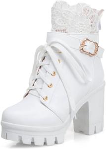 Женские ботильоны на платформе с круглым носком, шнуровкой, застежкой-молнией и пряжкой, с толстым высоким каблуком JOEUSTY, White-Velvet Lined