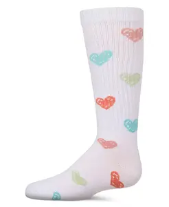 Большие ребристые носки до колена "Multi Graffiti Hearts" из хлопковой смеси Memoi, белый