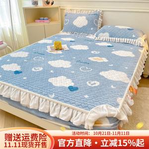 Boyang Комплект постельного белья из молочного вельвета (простыня на резинке 150х200 см и 2 наволочки), с кружевом, утолщенный