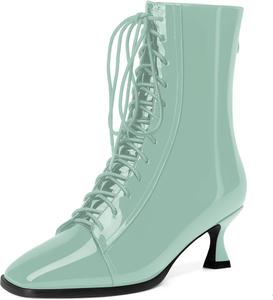 Женские ботинки MODENCOCO с квадратным носком, на молнии, шнуровке, из лакированной кожи, с низким каблуком-китен, высоким голенищем, 5 см, Turquoise