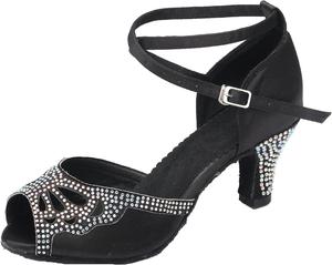 Туфли на каблуке для женщин Женские туфли на каблуке из искусственной кожи Современные латинские танцевальные туфли с рюшами Стразы Ремешок через щиколотку Пряжка Танцевальные туфли (Цвет: черный, Размер: 4.5 UK) Generic
