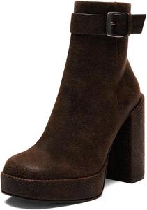 Женские классические ботильоны FYS с квадратным носком, массивной платформой, ремешком с пряжкой, высокими широкими каблуками, с боковой молнией, модные зимние сапоги, размеры 4-16 US, Brown