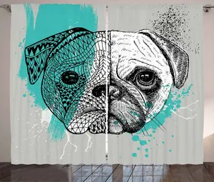 Штора ABAKUHAUS "Мопс" в деревенском стиле, нарисованная вручную голова собаки, присборенная штора для спальни с петлями и крючками, 280 x 225 см, цвет: белый, черный, синий Abakuhaus