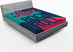 Простыня на резинке ABAKUHAUS Рок-музыка, винтажный, потертый абстрактный постер с надписью Я люблю рок-н-ролл, 160 x 200 см, темно-кораллово-бирюзовый Abakuhaus