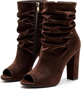 Женские ботильоны YDN с открытым носком, сборкой, молнией сбоку, высокие каблуки-блоки, зимне-осенние, модные, повседневные, размеры 4-16 US, Brown
