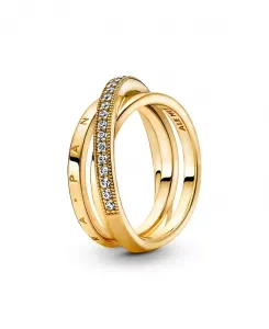 Кольцо с тремя полосами, украшенное фирменным паве из кубических цирконий Pandora, gold