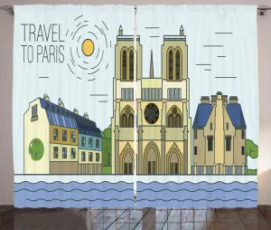 Штора ABAKUHAUS Нотр-Дам де Пари в деревенском стиле, с изображением открытки, универсальная тесьма для гостиной с петлями и крючками, 280 x 225 см, нежно-голубой с разноцветным узором Abakuhaus