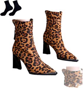 GHTRHSB Женские ботильоны на высоком каблуке из искусственной замши, элегантные ботинки средней длины, с двойной ноской, заостренным носом, леопардовым узором и массивным каблуком с задней молнией