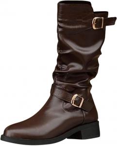 Женские сапоги с отворотом, свободного кроя, с массивным каблуком, квадратным носком, готические сапоги до колена, модные с пряжкой, без застежки, на широкую икру, сапожки для верховой езды Generic, Brown