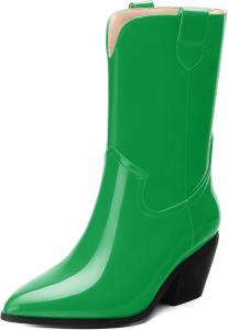 Женские сапоги WAYDERNS до середины икры из лакированной кожи с массивным каблуком, заостренным носком, 2,3-дюймовым каблуком, короткие ботильоны для модных повседневных прогулок, свиданий и шопинга, осенние, Green
