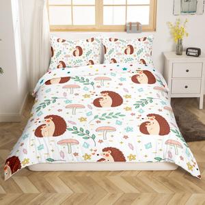 Erosebridal Комплект постельного белья Hedgehog Kids с милым мультяшным принтом лесных животных и ботаническими мотивами, Brown Green Pink