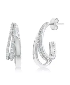 Серьги-Полукольца из стерлингового серебра с тремя рядами фианитов и полированной отделкой Simona, silver