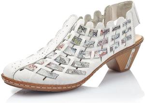 Женские туфли на каблуке Rieker 46778 Sina - с ремешком на пятке, верх из кожи, ручная плетеная отделка, комфорт антистресс, гибкая подошва, надежная посадка и вечный повседневный стиль, Weiss/Ice-multi