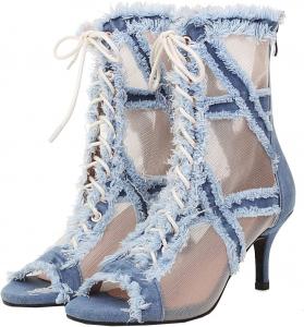 Женские джинсовые ботильоны BEAUPAS с шнуровкой, открытым носком, каблуком-купидон, на молнии сзади, с сеткой, туфли на высоком каблуке-стилетто, Blue