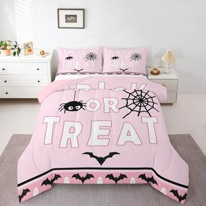 Erosebridal Комплект постельного белья Happy Halloween с паутиной, летучими мышами и привидениями в мультяшном стиле для детей и подростков, Black Pink