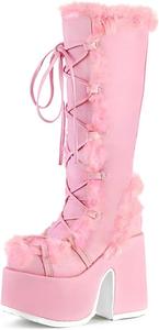 Женские высокие сапоги на платформе KISTANIA с каблуком-столбиком, шнуровкой и искусственным мехом, Pink Leather