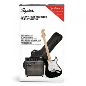 Комплект Squier Sonic Stratocaster с грифом из клена, черного цвета, сумка для переноски, усилитель Squier Frontman 10G