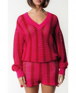 Женский вязаный свитер Lizza в полоску с V-образным вырезом Colourful Rebel, Pink