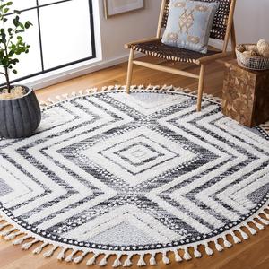 Ковер SAFAVIEH, 201 x 201 см, Moroccan Tassel Shag Collection, круглый, Ivory & Grey, дизайн бохо, без линьки и простой в уходе, толщина, идеален для помещений с высокой проходимостью в гостиной, спальне (MTS636A)