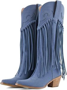 Высокие ковбойские сапоги с бахромой, вышивкой, заостренным носком, широким каблуком и кисточками в западном стиле POYOIOR, Denim Blau