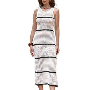 Кружевное платье-парео для женщин с полосками и ажурной вязкой, без рукавов, пляжное макси Inspire Chic, Black White