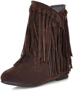 Generic Женские ботильоны с бахромой на щиколотке, круглый носок, зимние, широкие голенища, плоские мокасины с кисточками, повседневные ботинки на скрытой танкетке с низким каблуком