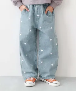 Джинсовые широкие брюки с вышитыми сердечками и цветами для девочек. Весна/Лето 2026 Devirock, цвет 002-Chemical Sax