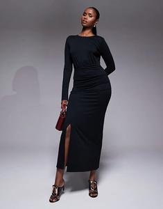 Платье макси ASOS DESIGN с присборенной талией и разрезом спереди, черное