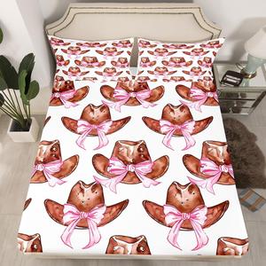 Erosebridal Ковбойская простыня на резинке Full Size, милый бант, кавай диско принт, микрофибра, коричнево-розовый западный декор, Brown Pink