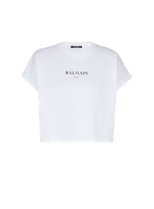 Укороченная футболка с принтом Balmain, белый/черный