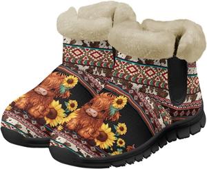 Женские зимние ботинки UNICEU, теплые, с нескользящей подошвой, женские ботильоны и зимние ботинки, обувь с плюшевой подкладкой, пушистые ботинки для прогулок, Sunflower Southwest Tribal Highland Cow