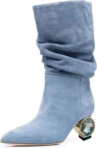 Женские сапоги XYD до середины голени, праздничные, с кристаллами, низкий каблук 2 дюйма, заостренный носок, для деревенской свадьбы, вечеринки, эластичные ботильоны, Blue