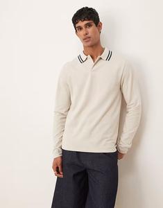 Поло ASOS DESIGN с длинными рукавами из пике и темно-синей отделкой в ​​каменном цвете