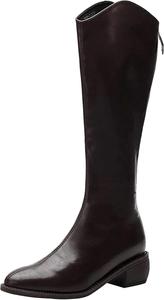 Женские сапоги Yiozoi Calf Cowboy с острым носком, осенне-зимние кожаные, на устойчивом каблуке с задней молнией, классические ковбойские сапоги, Brown